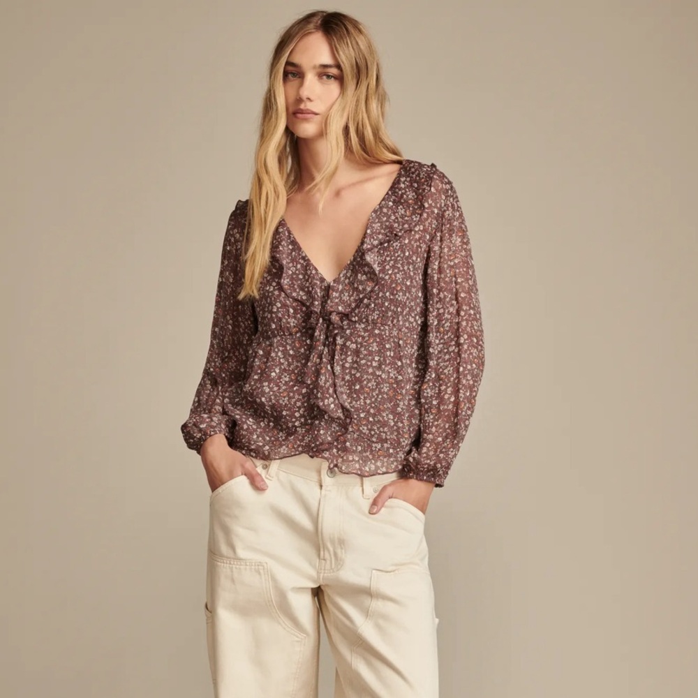 Lucky Brand Floral Long Sleeve Ruffle Top Cinnamon